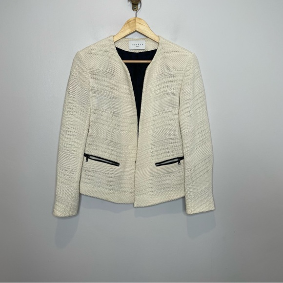 Sandro Vladia Textured Woven Cotton Blazer Jacket in Ecru - Picture 4 of 9
